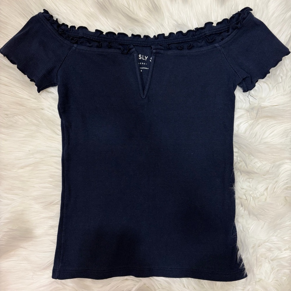 Aeropostale Navy blue off the shoulder ruffle top